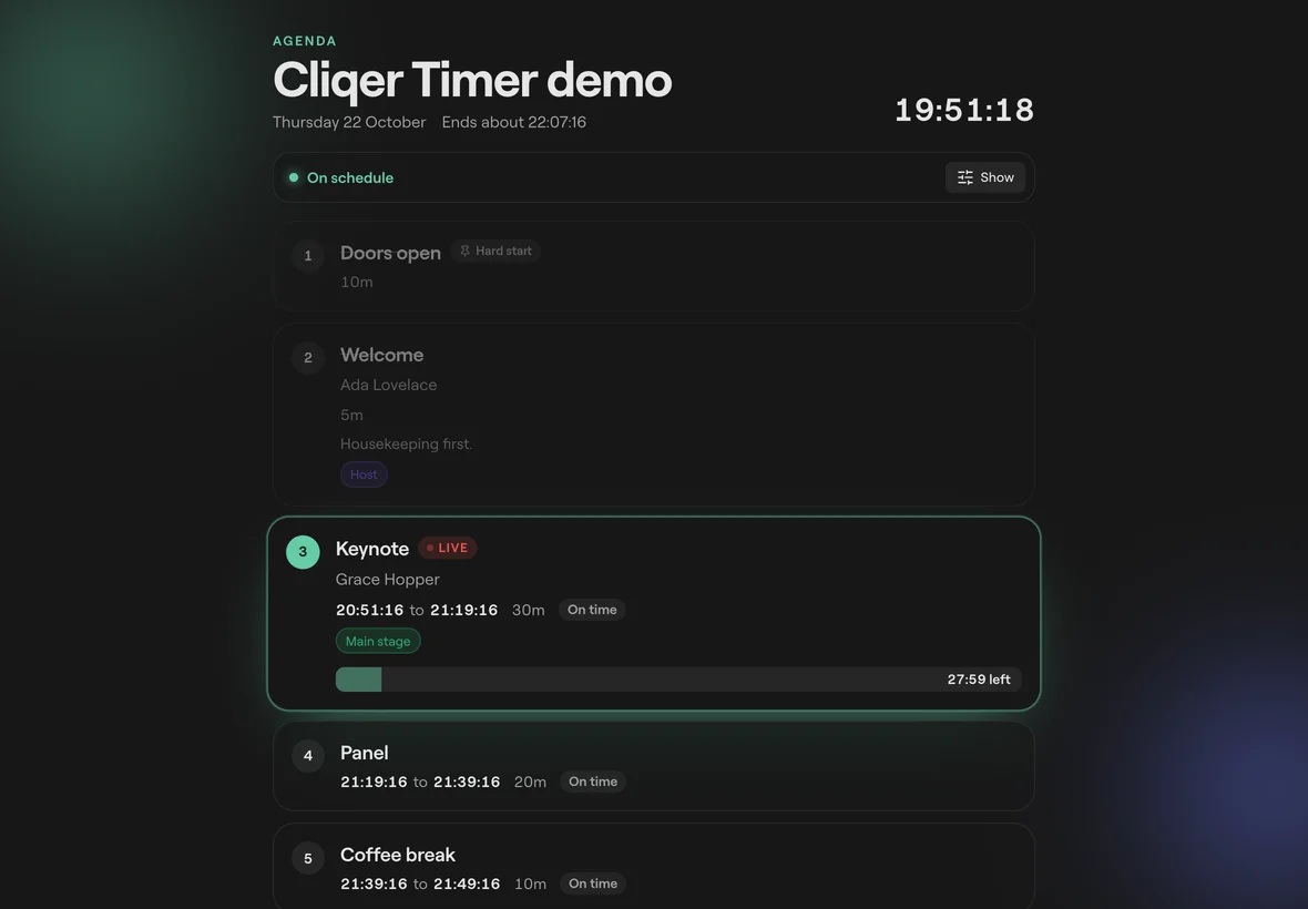 The agenda page with the rundown, the time now and an On schedule badge