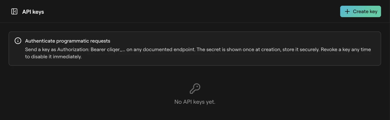 The API keys page with a Create key button and a list of keys