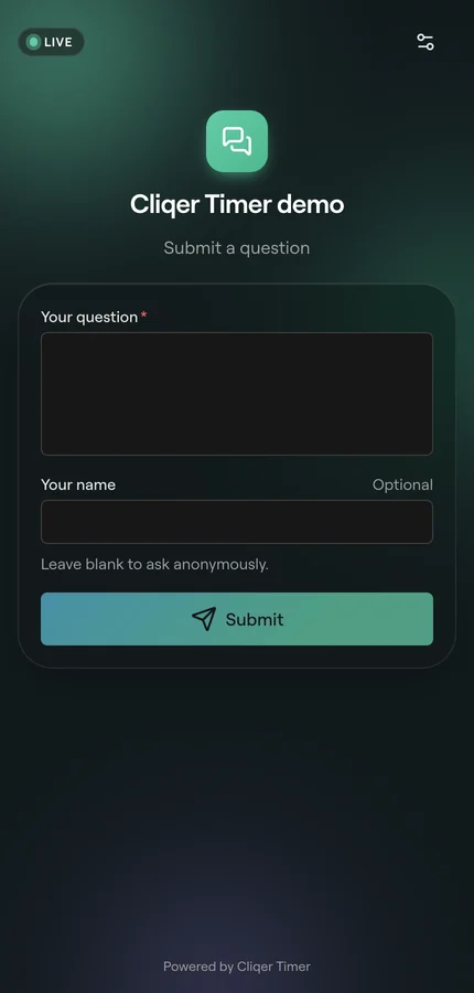 The ask page on a phone with a Question field, an optional Name field and Submit