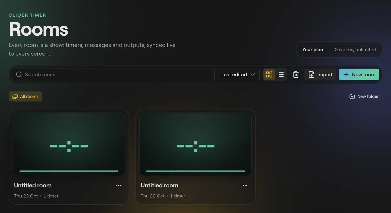 The Cliqer Timer rooms page with room cards, folders, Import and New room