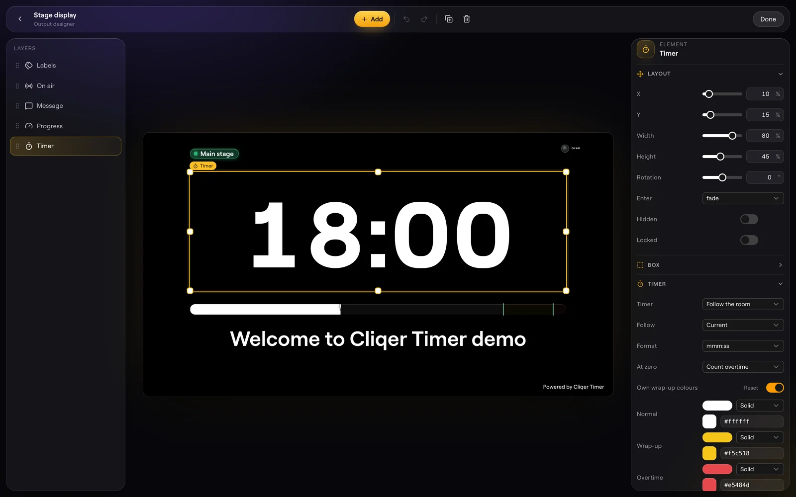 The output designer with Layers on the left, the canvas in the middle and a timer element's settings on the right