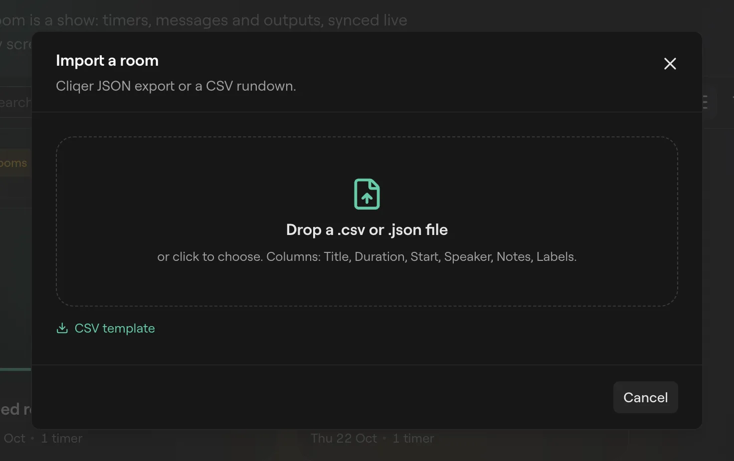 The Import a room dialog with a drop zone for a .csv or .json file and a CSV template link