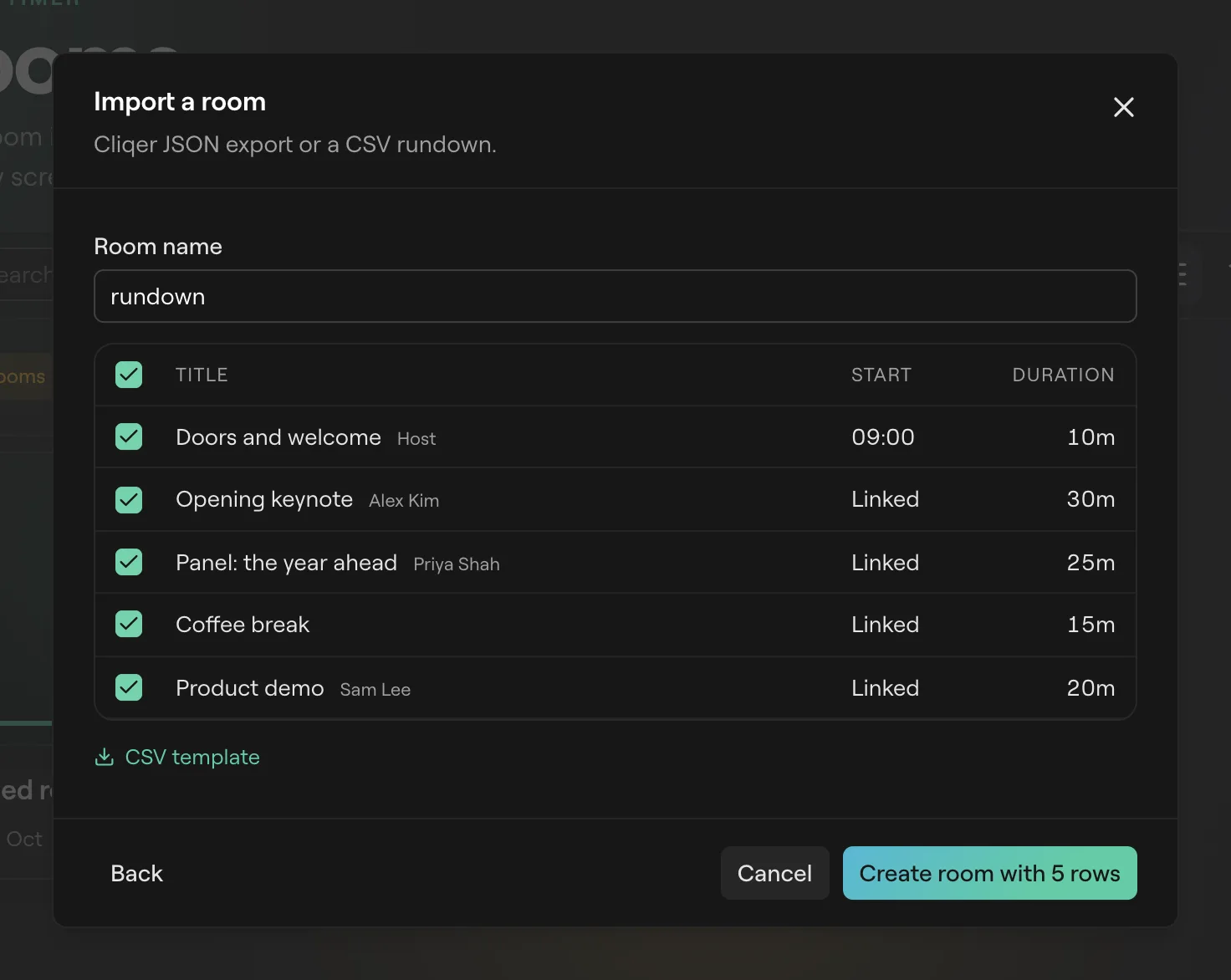 The import preview with a Room name field and rows with a tick box, title, start and duration