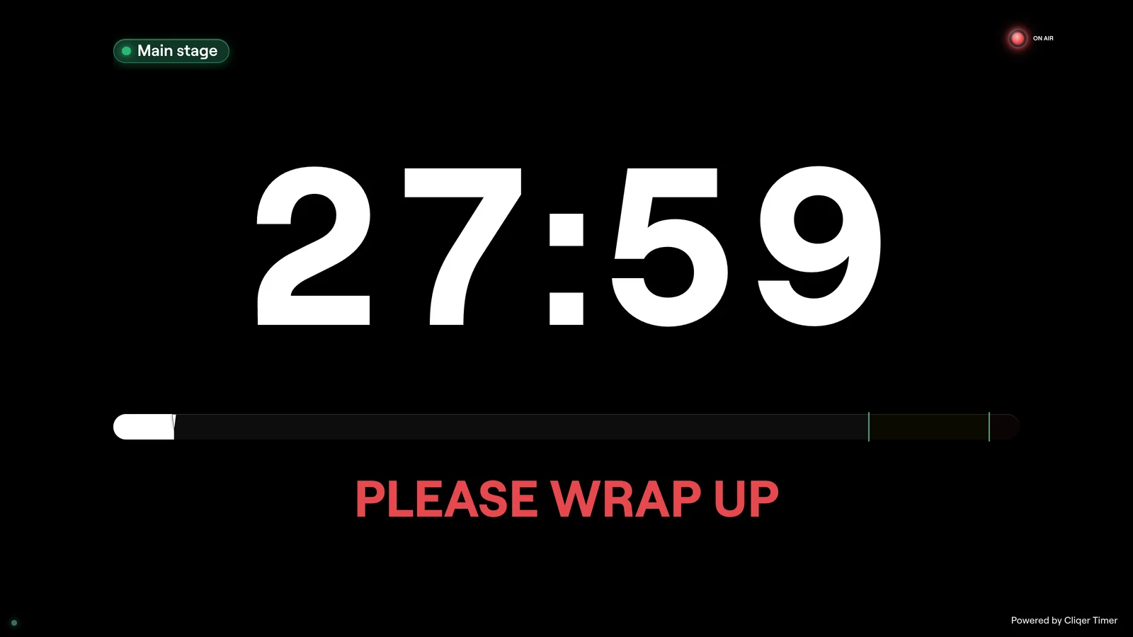 A presenter screen with the countdown and a red Please wrap up message under it