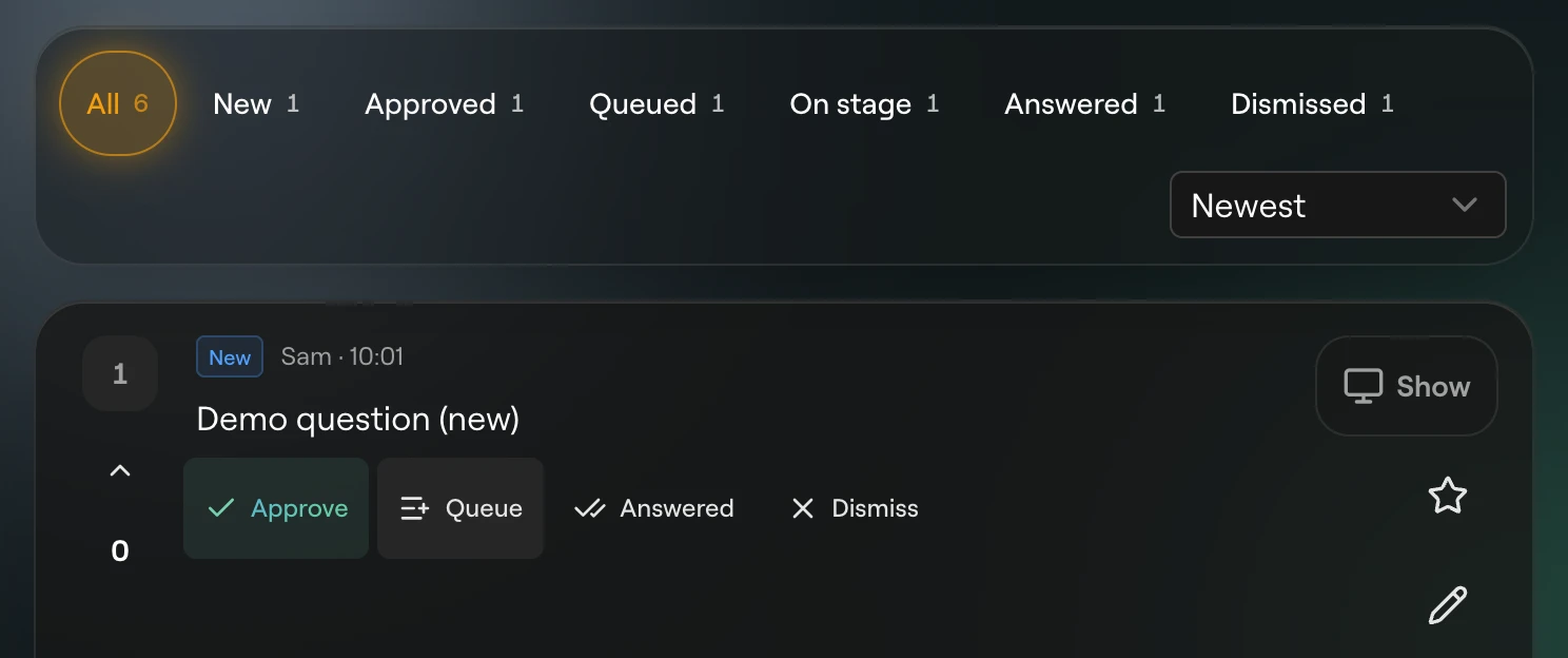 The moderator page with state filters, a sort menu and the first question card