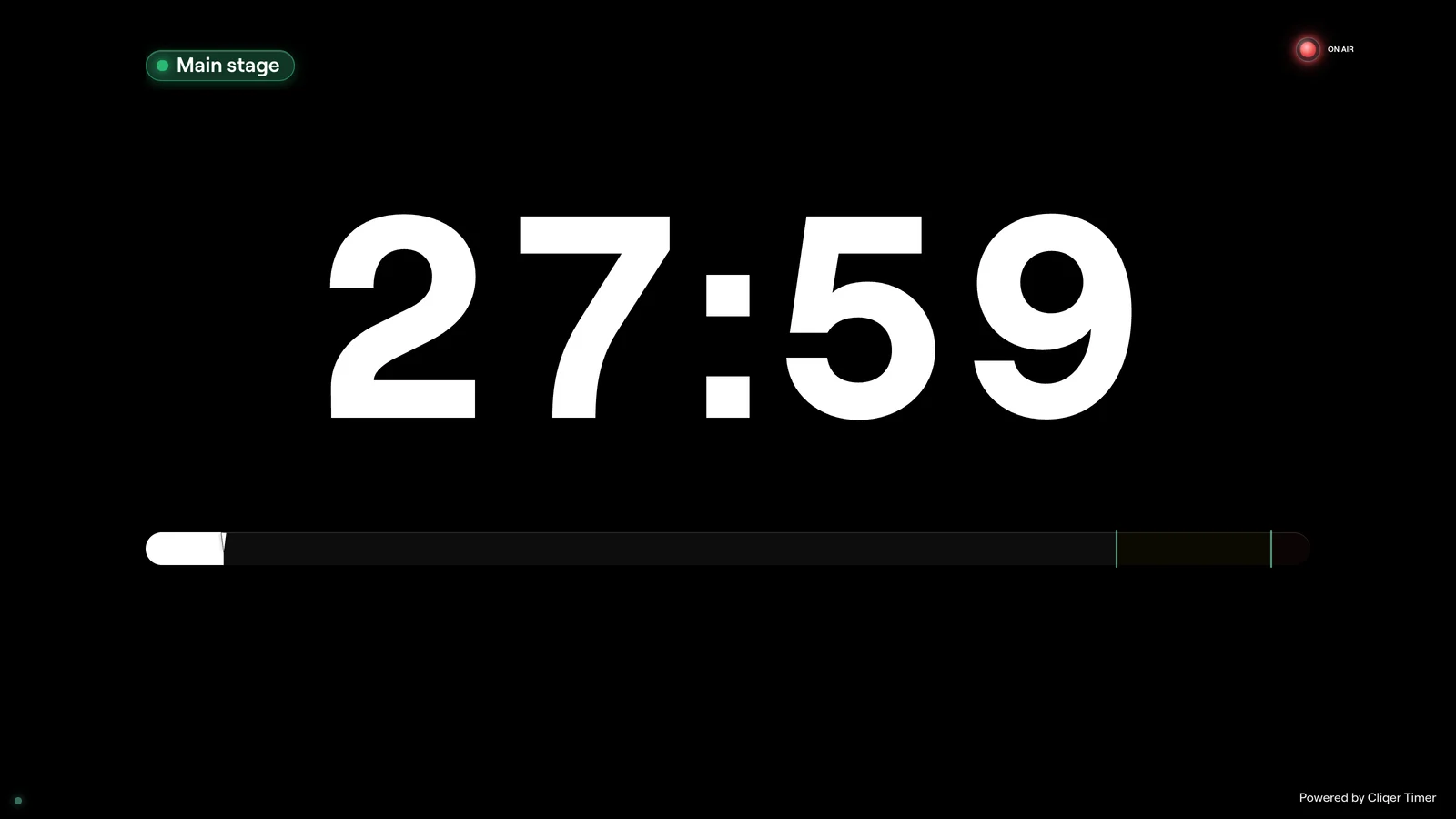 A full screen countdown with the room name, an ON AIR light and a progress bar underneath