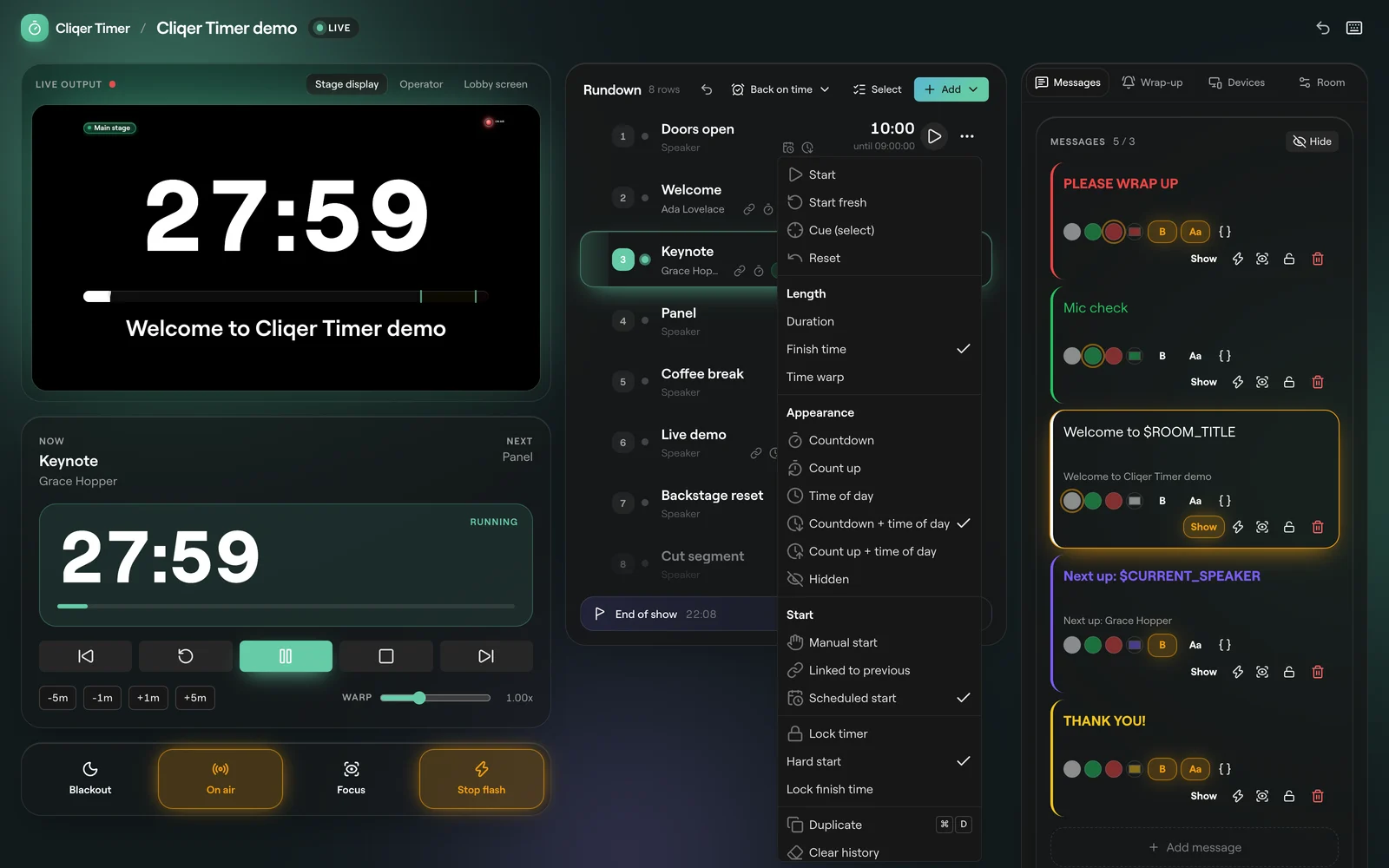 A timer's menu open with start, length, appearance and start options