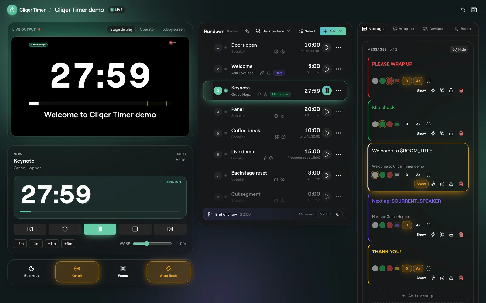 The rundown column with eight timers, one running, and the Back on time, Select and Add buttons
