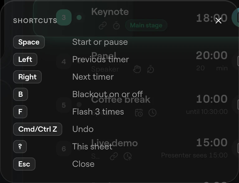 The keyboard shortcuts sheet