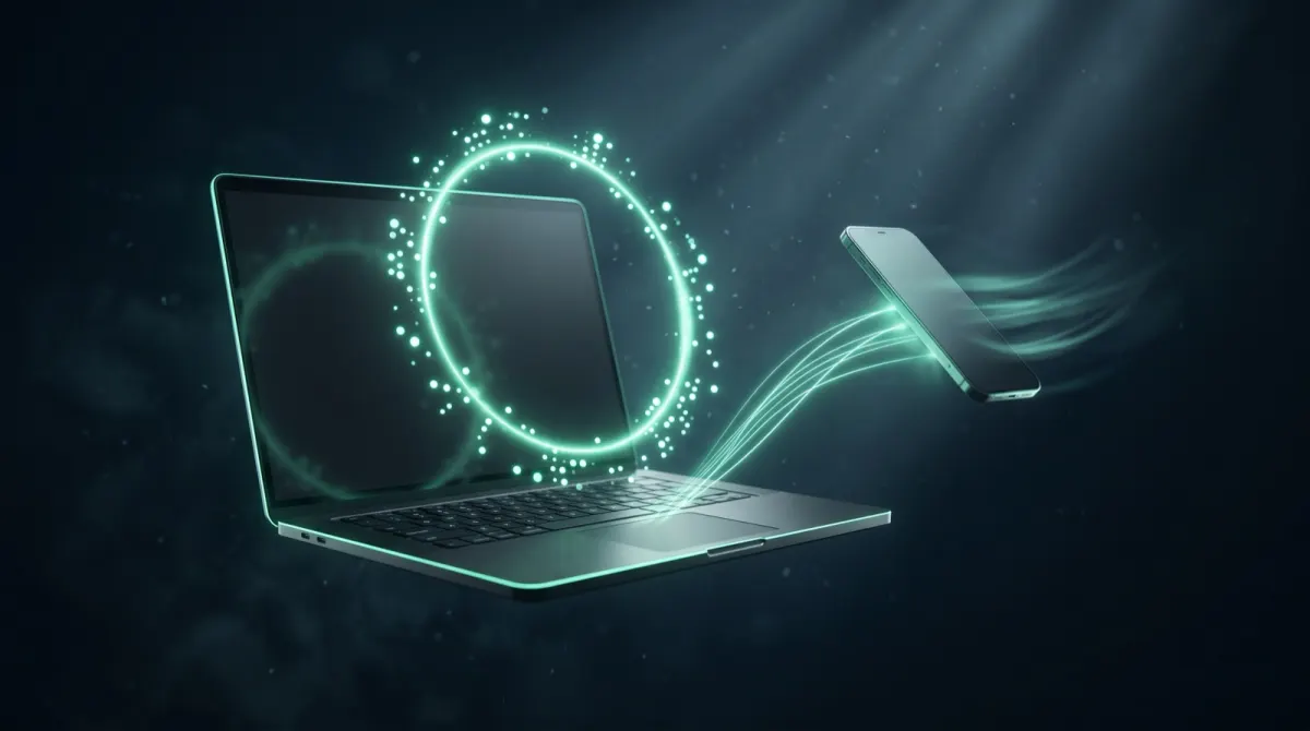 Host-Laptop mit einem Raumcode und ein Smartphone, das der Cliqer-Sitzung beitritt