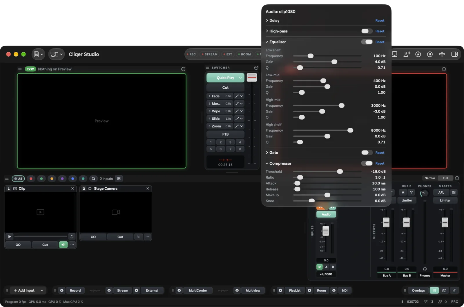 The audio processing popover of a strip with delay, high-pass, equaliser, gate and compressor