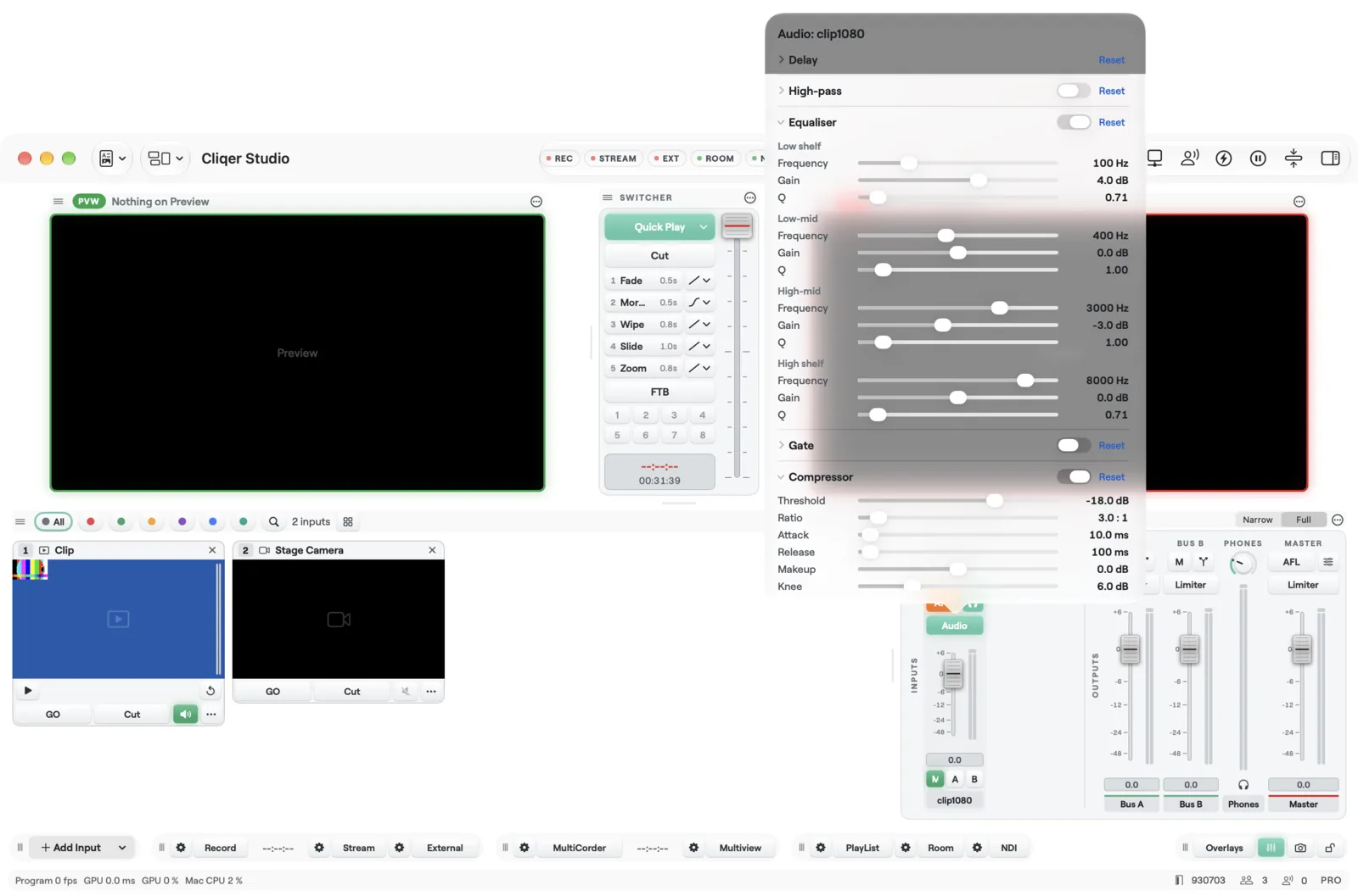 The audio processing popover of a strip with delay, high-pass, equaliser, gate and compressor
