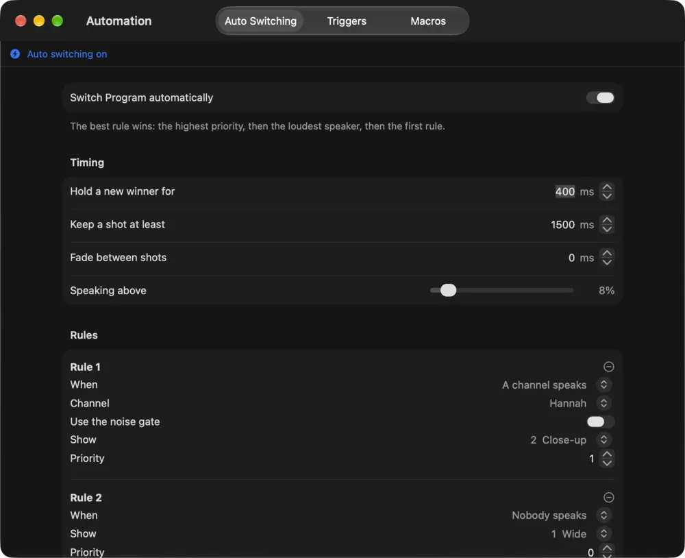 The Automation window on Auto Switching, with timing and two rules