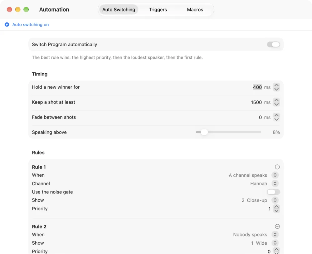 The Automation window on Auto Switching, with timing and two rules