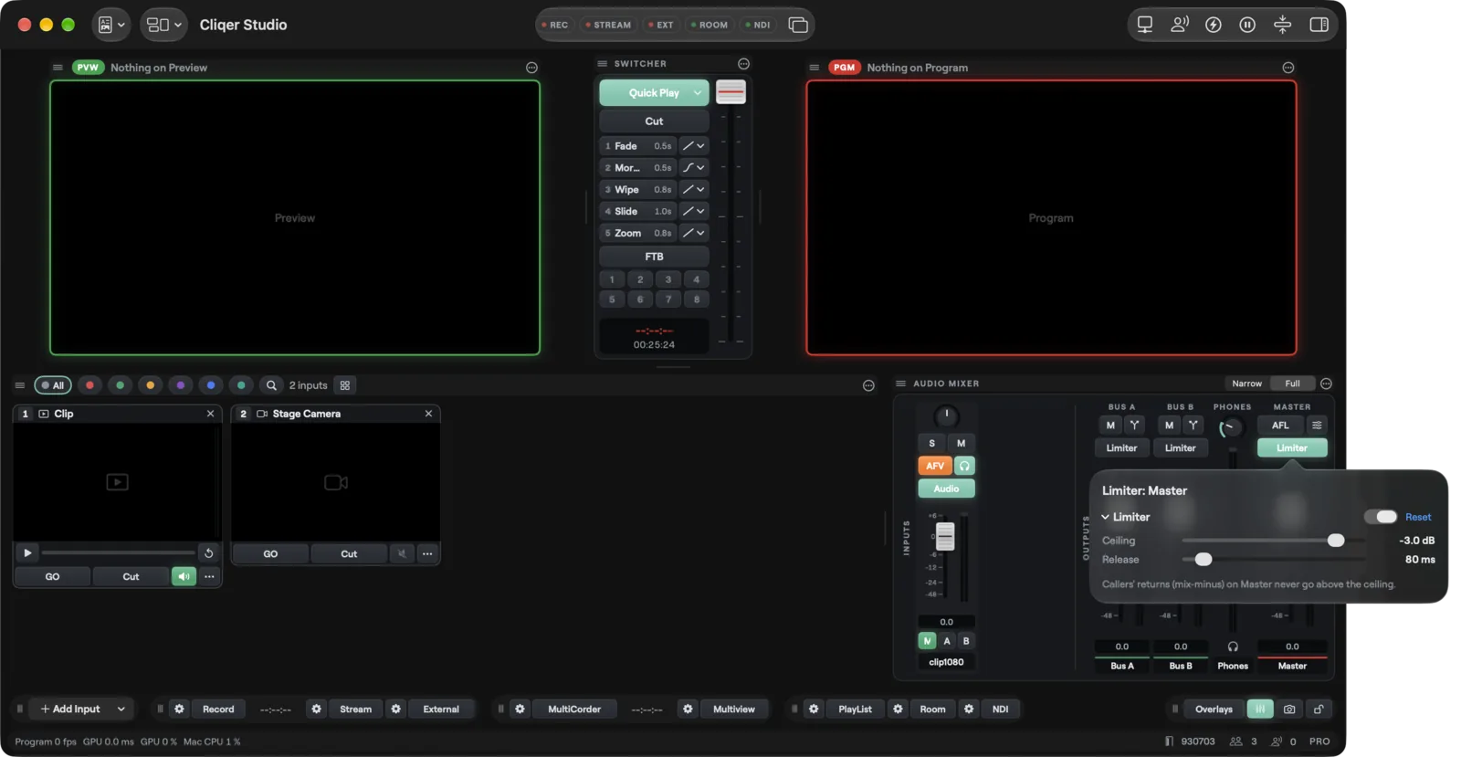 The limiter popover of the Master bus