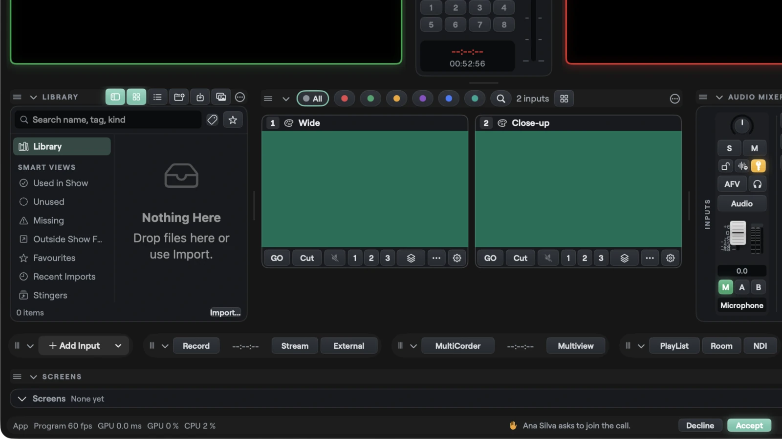 The lower part of the Studio window on macOS, whose bottom status bar shows Ana Silva asks to join the call, with Decline and Accept