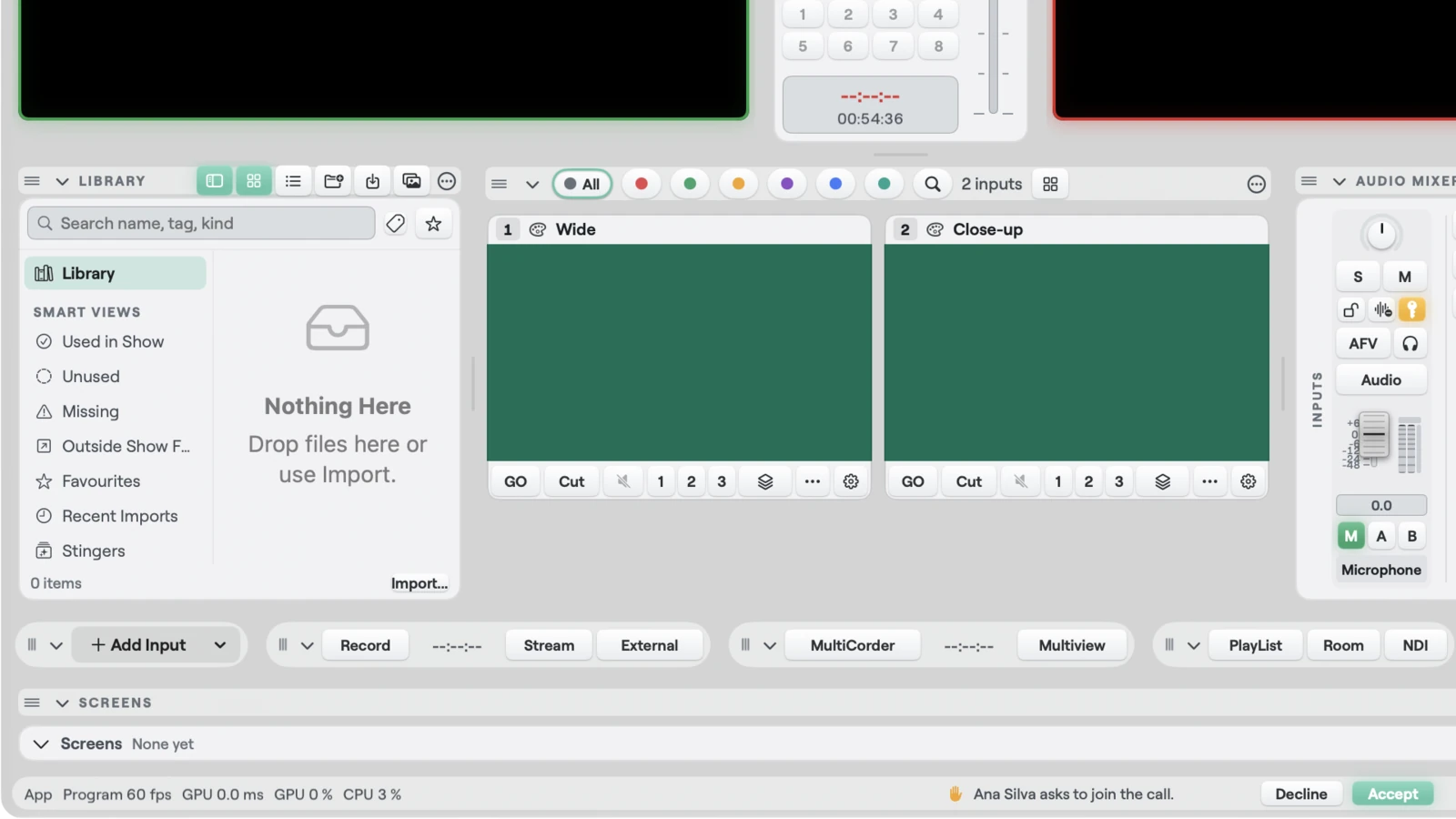 The lower part of the Studio window on macOS, whose bottom status bar shows Ana Silva asks to join the call, with Decline and Accept