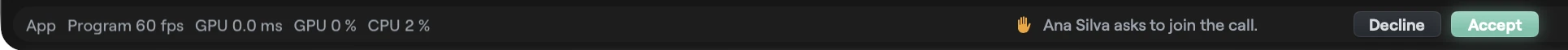 The Studio status bar on macOS with a hand icon, Ana Silva asks to join the call, and Decline and Accept buttons