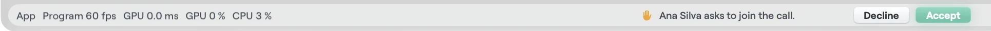 The Studio status bar on macOS with a hand icon, Ana Silva asks to join the call, and Decline and Accept buttons