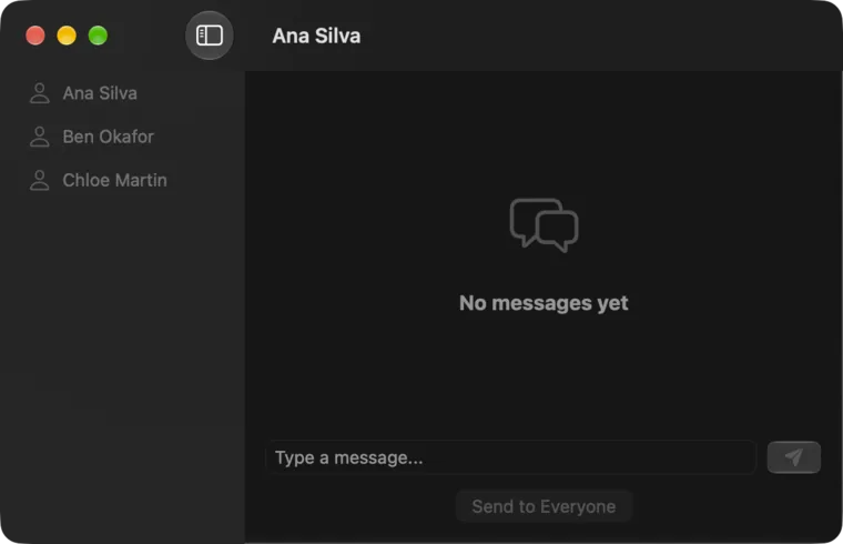 The Chat window with the presenter list on the left and a thread on the right