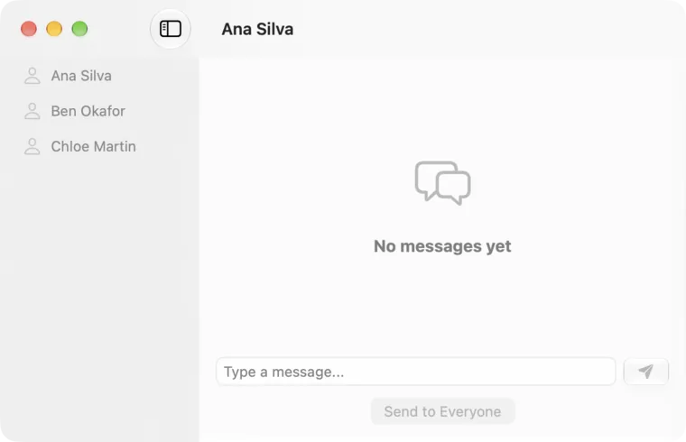 The Chat window with the presenter list on the left and a thread on the right