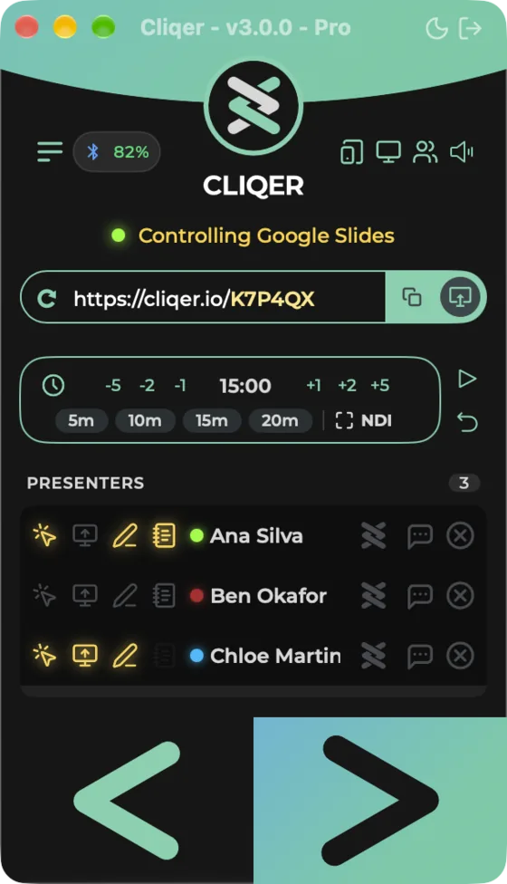 The main window on a Mac with the timer stopped at 15:00, the adjust buttons and the presets