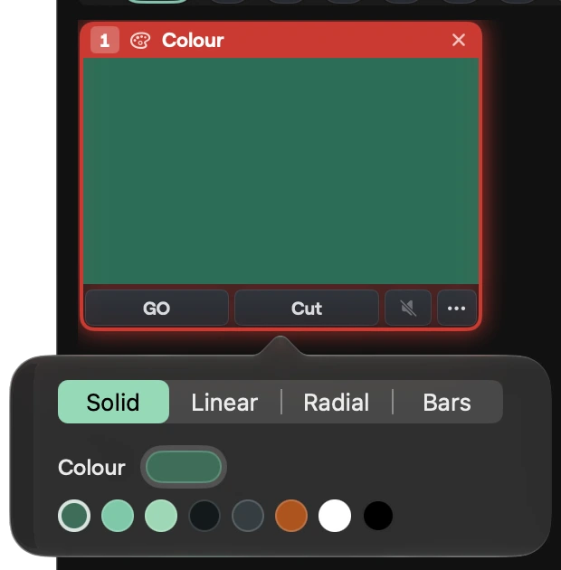 The Colour editor open under a new Colour input tile, with Solid, Linear, Radial and Bars, the colour well and swatches