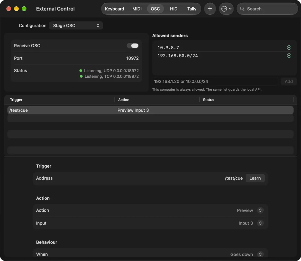 The OSC tab of External Control with the receiver, the allow list and a learned binding