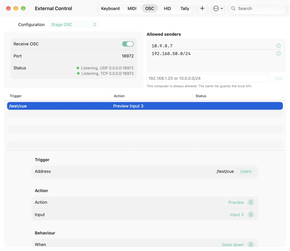 The OSC tab of External Control with the receiver, the allow list and a learned binding