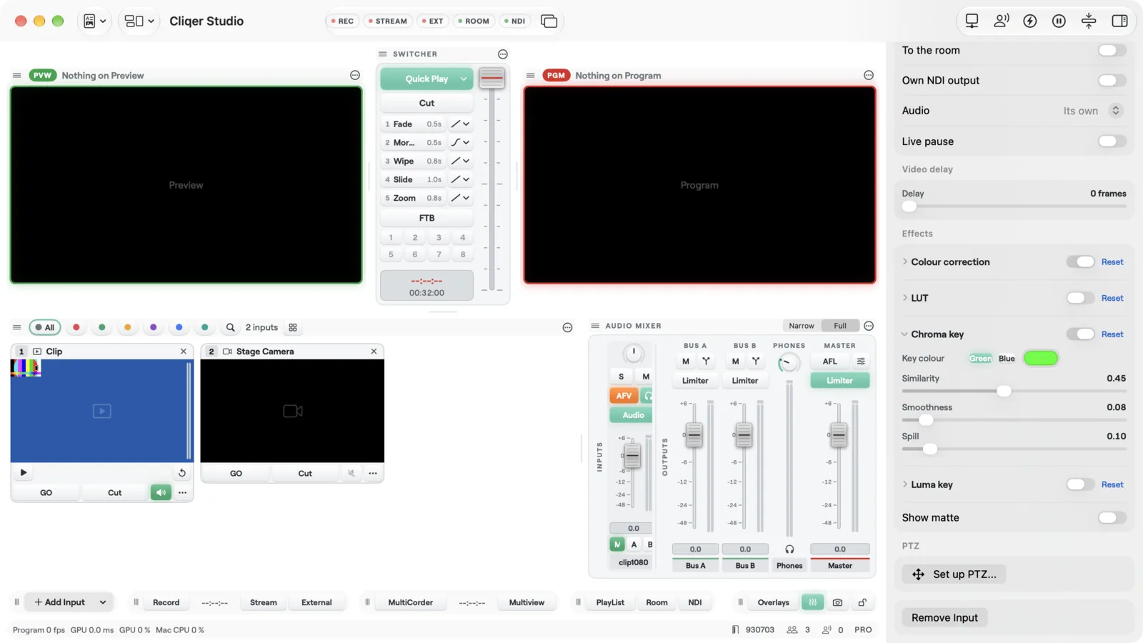 The inspector of a camera input with the Effects section: colour correction, LUT and chroma key