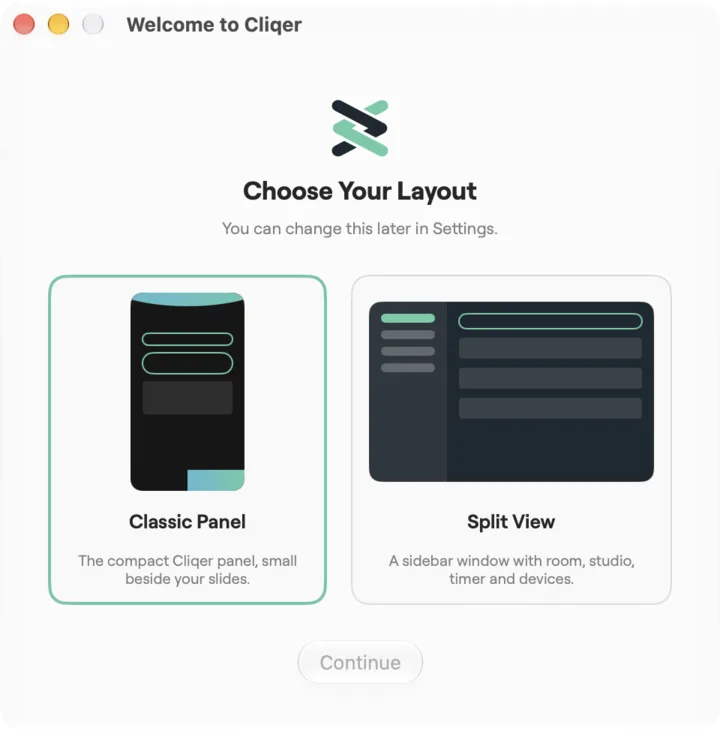 The first-run window asking you to choose Classic Panel or Split View