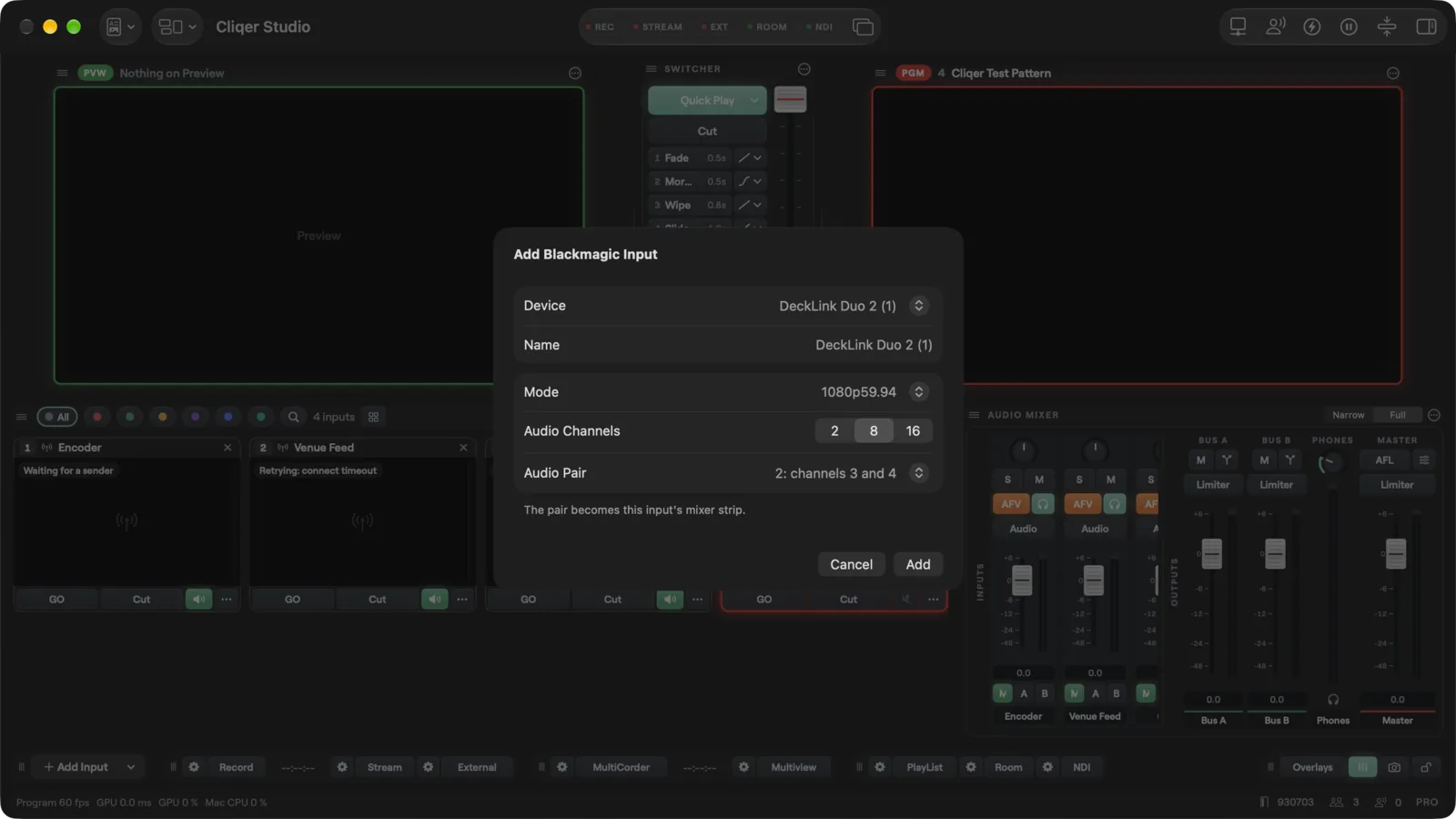 The Add Blackmagic Input sheet