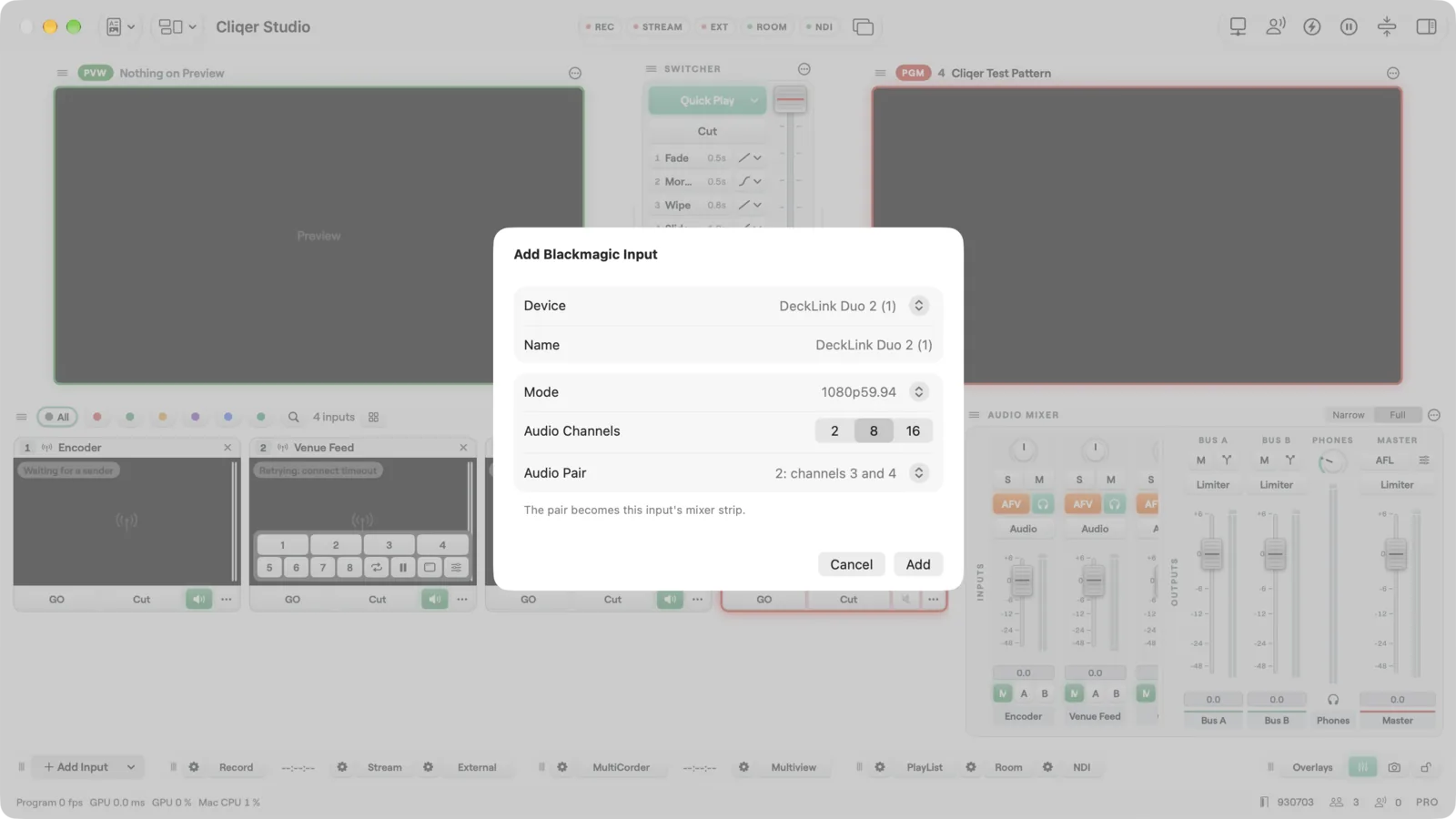 The Add Blackmagic Input sheet
