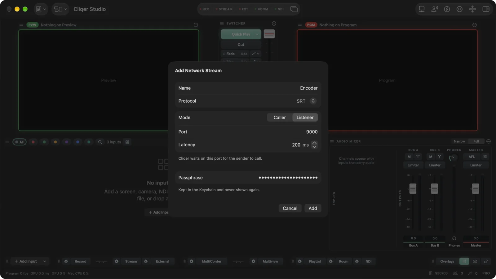 The Add Network Stream sheet set to SRT in listener mode