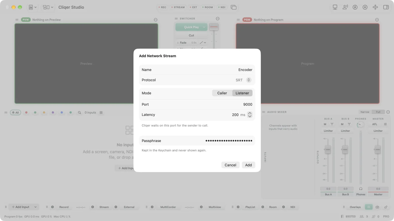 The Add Network Stream sheet set to SRT in listener mode