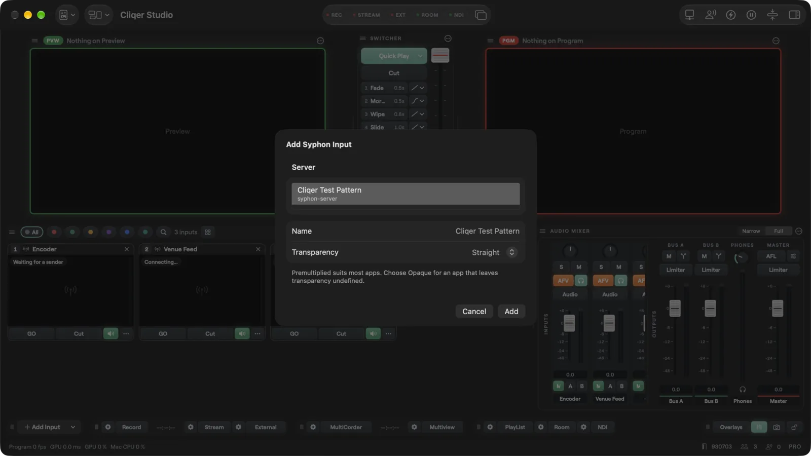 The Add Syphon Input sheet with a server picked