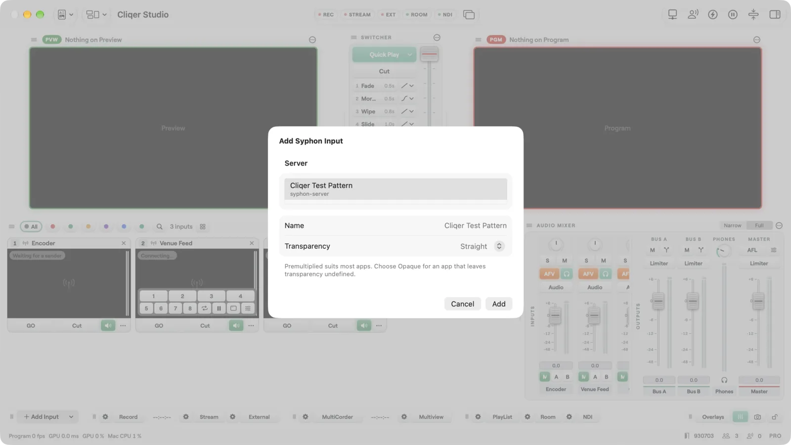 The Add Syphon Input sheet with a server picked