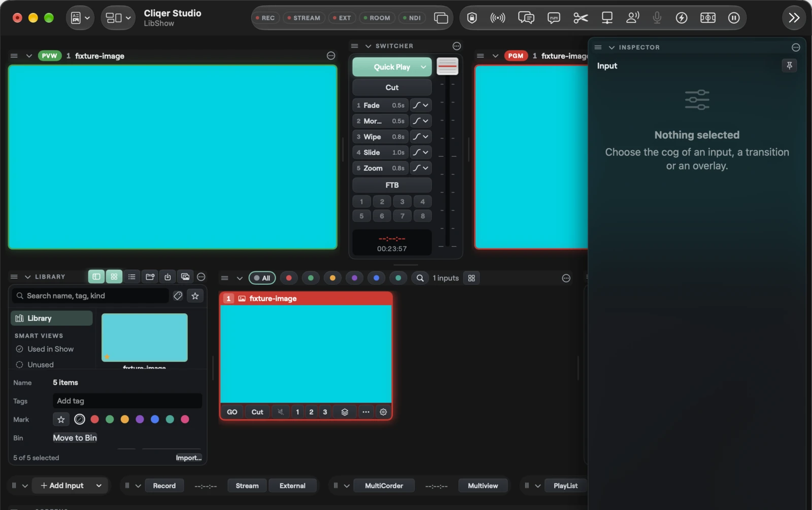 The Library panel on Mac: bins and smart views on the left, a grid of video, image and sound tiles with a search field above, and the inspector strip for the selected tile below
