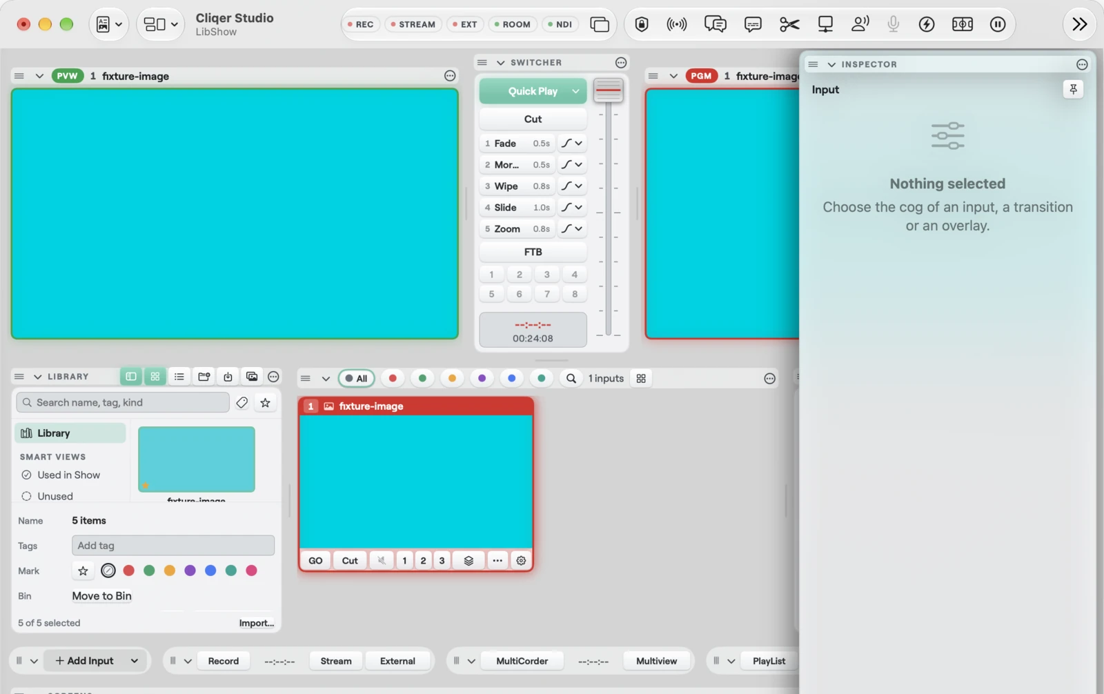 The Library panel on Mac: bins and smart views on the left, a grid of video, image and sound tiles with a search field above, and the inspector strip for the selected tile below