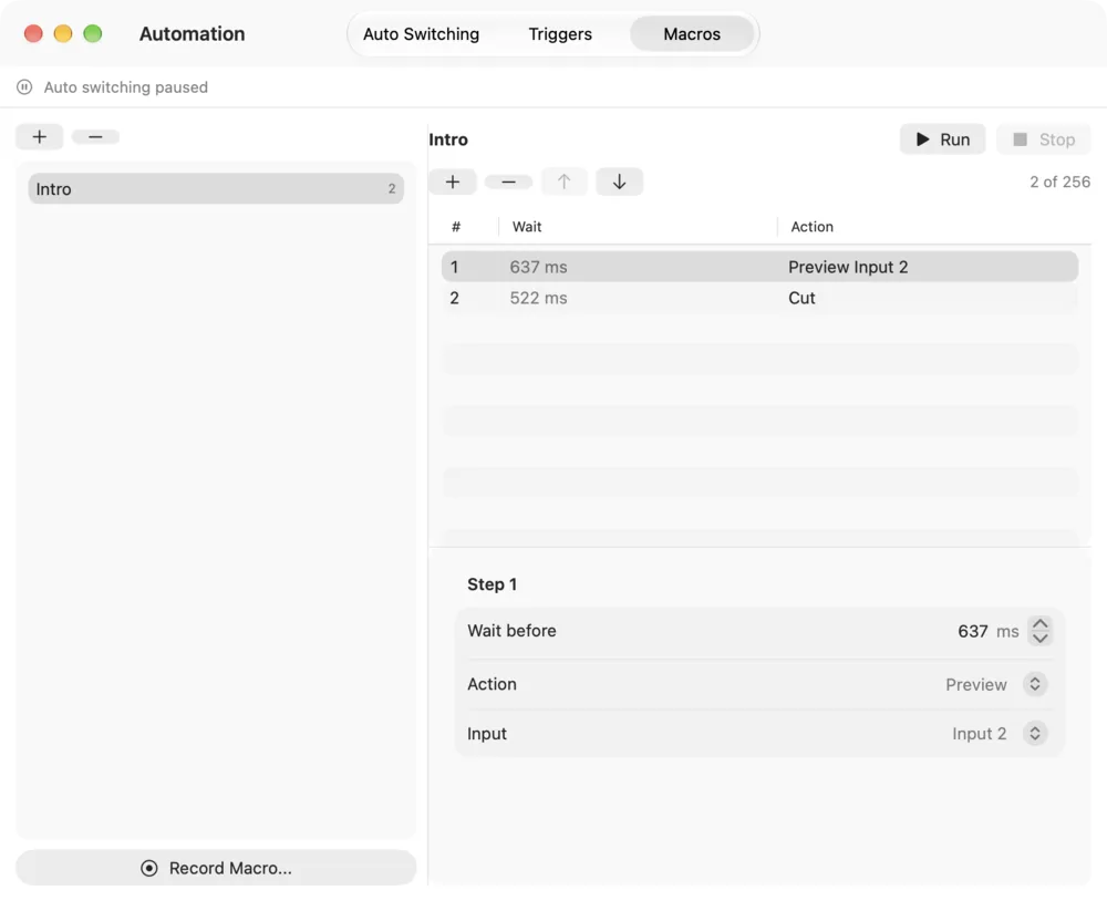 The Automation window on Macros, with a recorded macro and its steps