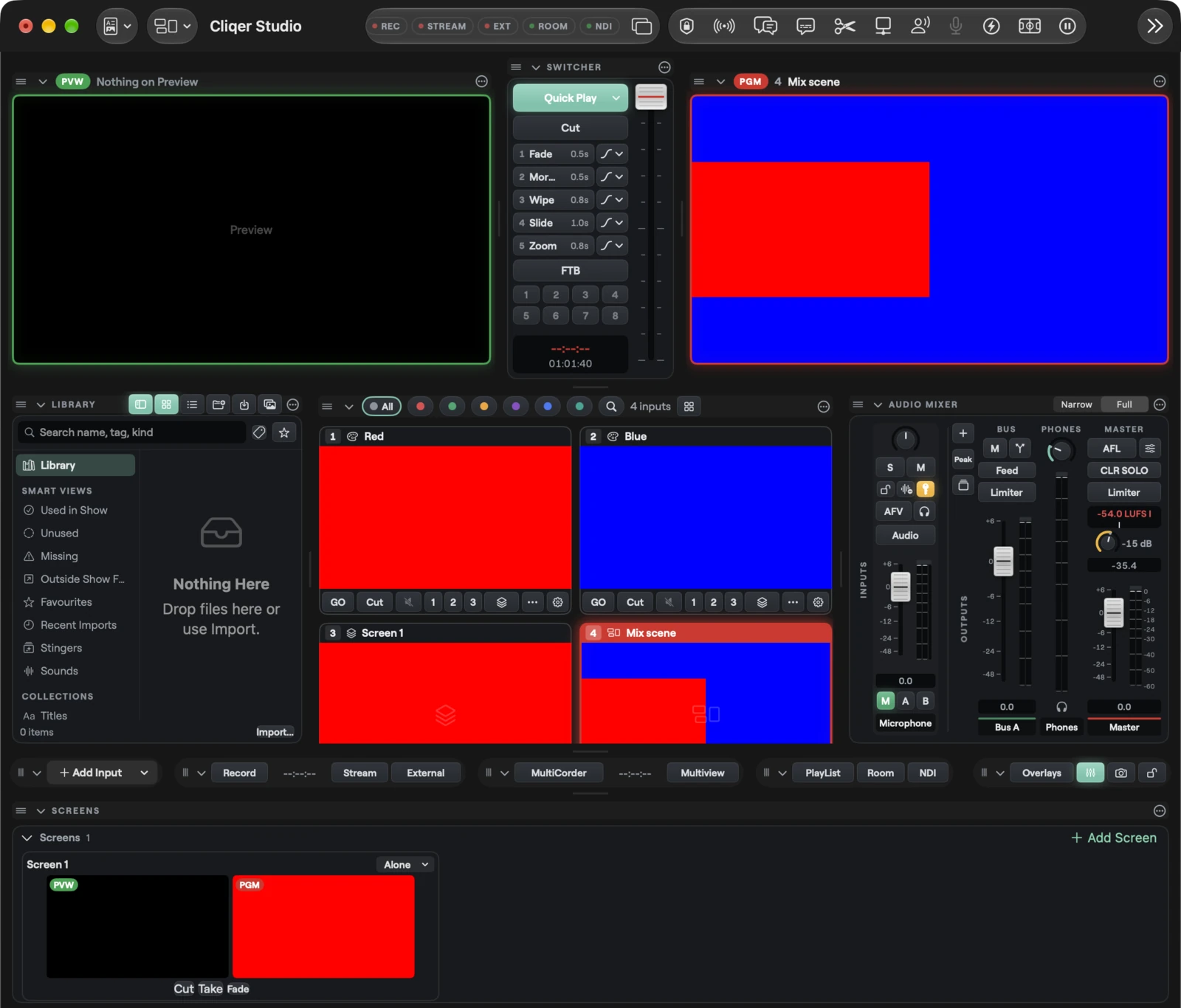 The Studio window on Mac with a scene on Program that shows a red Mix layer fitted into the left half over a blue picture, and the Mix input tile beside the other inputs
