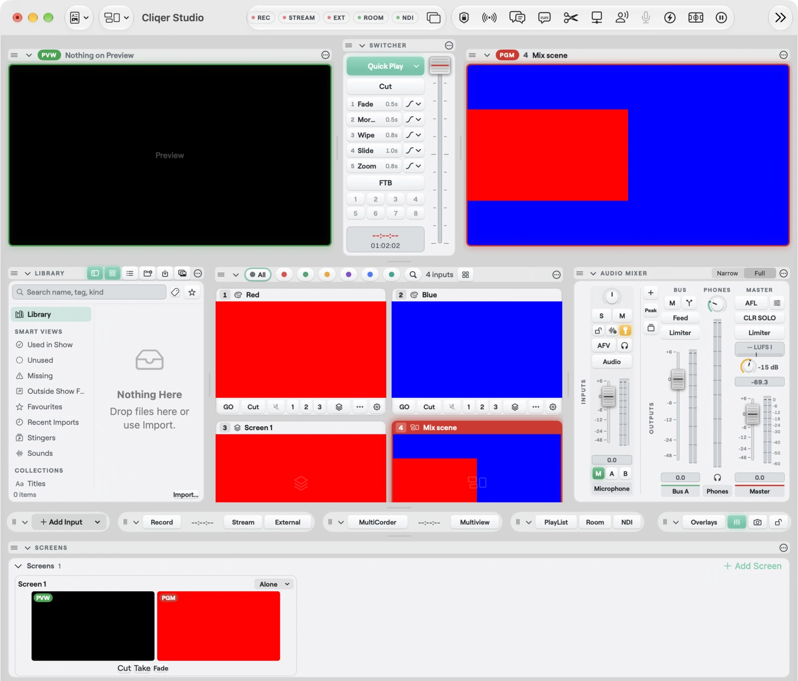 The Studio window on Mac with a scene on Program that shows a red Mix layer fitted into the left half over a blue picture, and the Mix input tile beside the other inputs