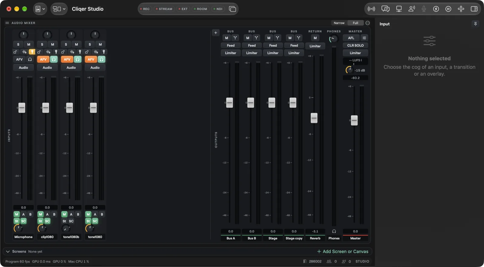 The Audio Mixer on macOS with input strips, Bus A, Bus B, a Group, a Return, Phones and Master