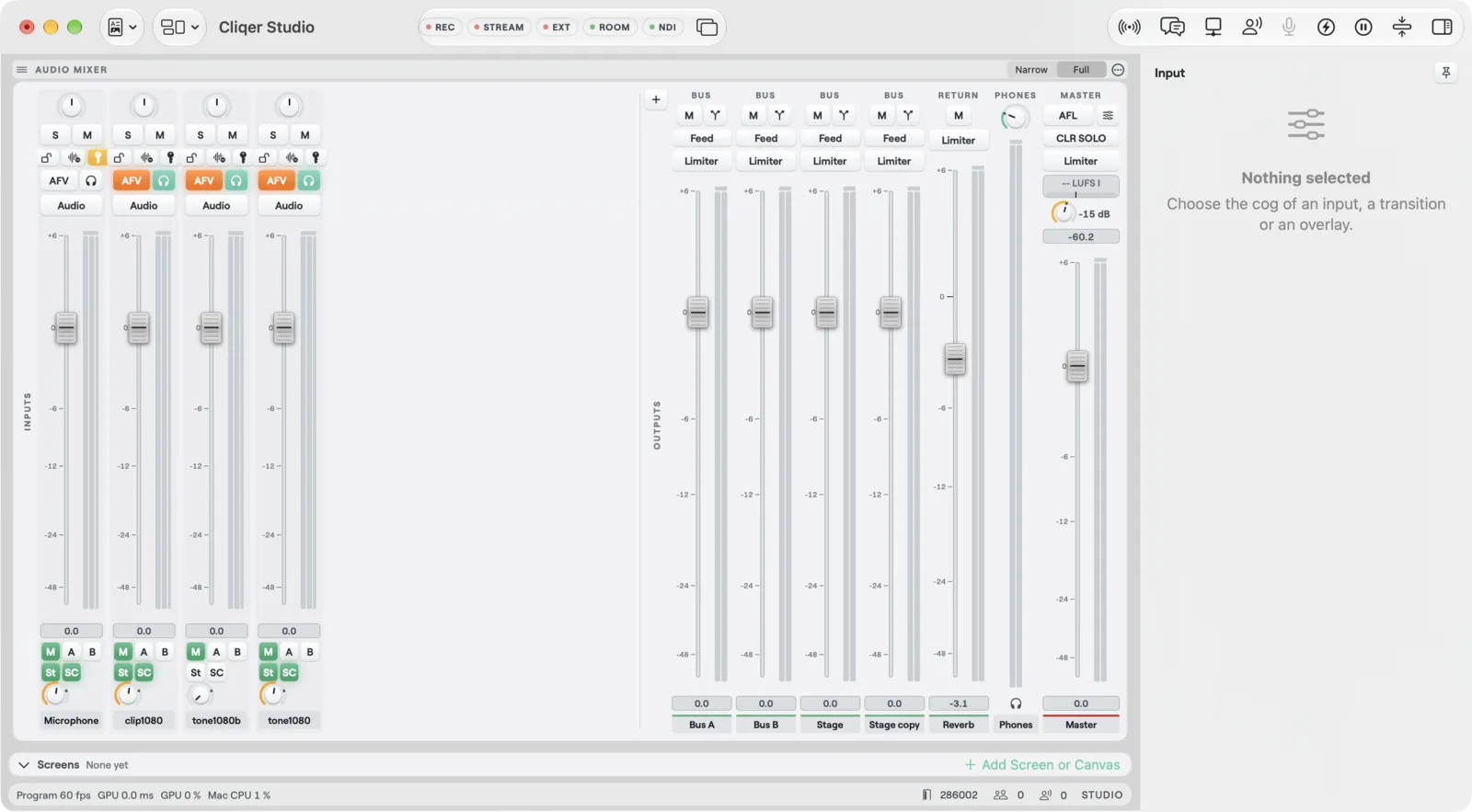 The Audio Mixer on macOS with input strips, Bus A, Bus B, a Group, a Return, Phones and Master
