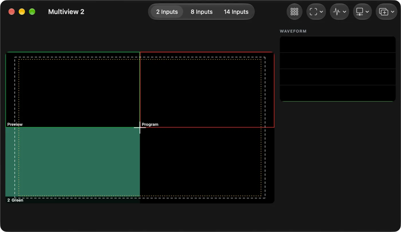 A second multiview in its own window, with the safe-area guides and centre cross over the picture and a waveform scope beside it