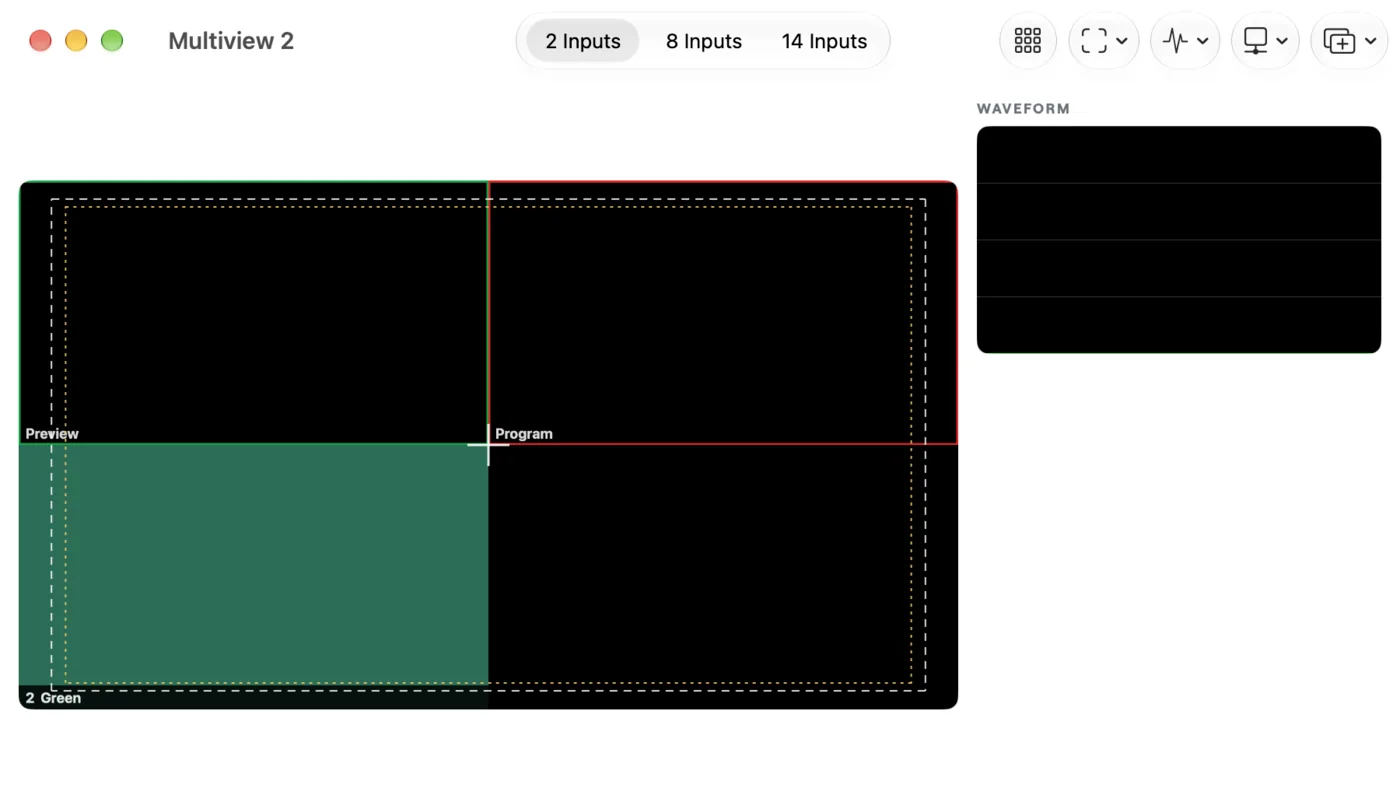 A second multiview in its own window, with the safe-area guides and centre cross over the picture and a waveform scope beside it