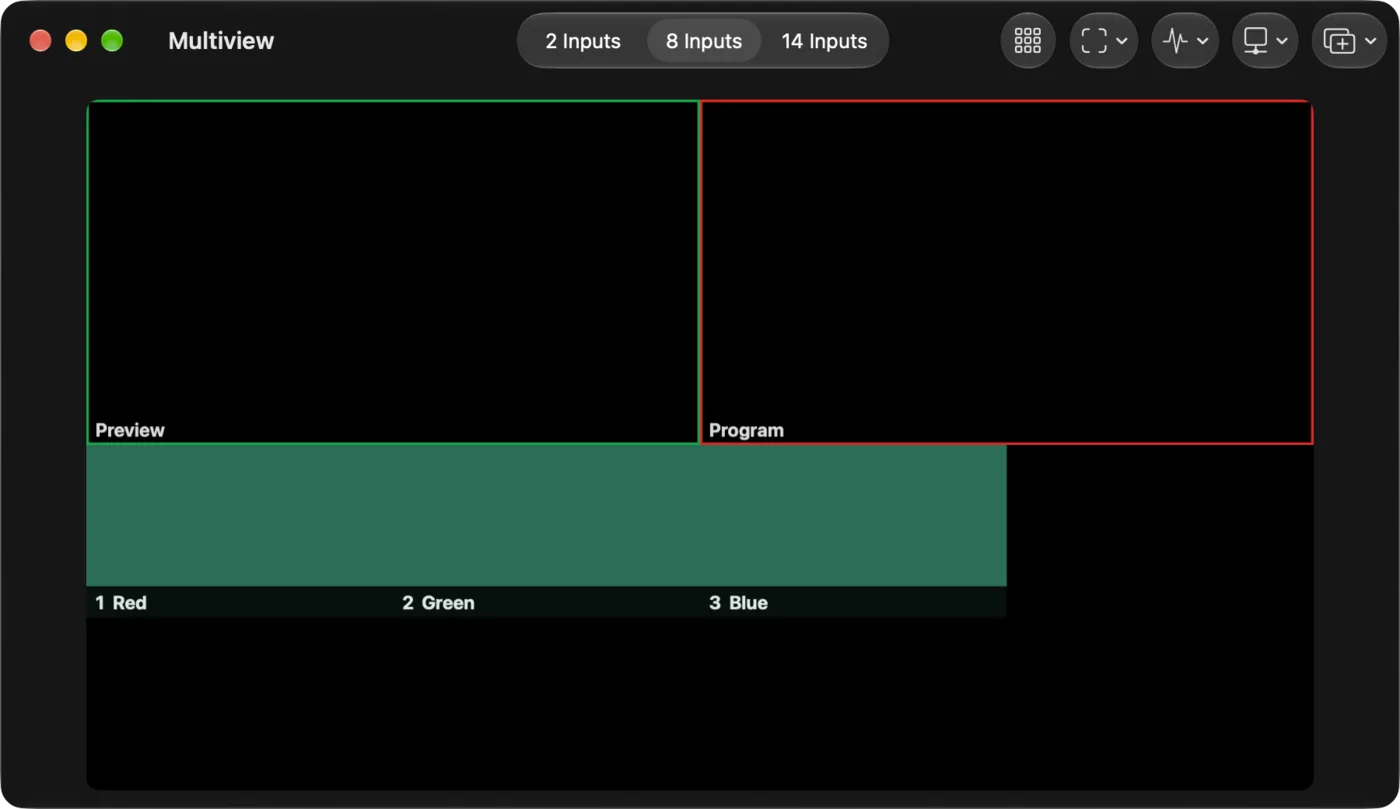 Multiview in a window on a Mac: Preview and Program on top, input cells below, and a toolbar with layout, cells, guides, scope and send