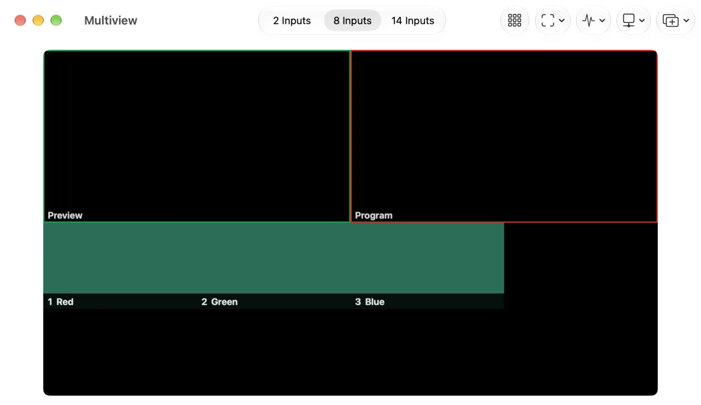 Multiview in a window on a Mac: Preview and Program on top, input cells below, and a toolbar with layout, cells, guides, scope and send
