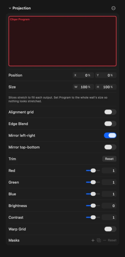 The Projection section of an output on Mac with the Mirror left-right switch on