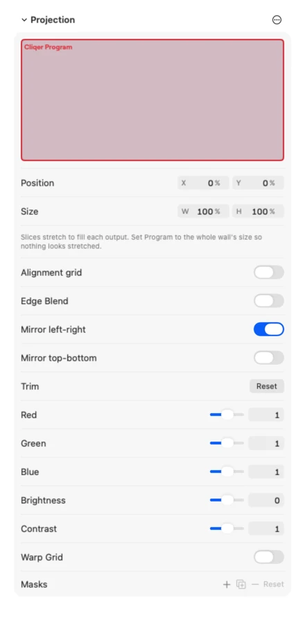 The Projection section of an output on Mac with the Mirror left-right switch on
